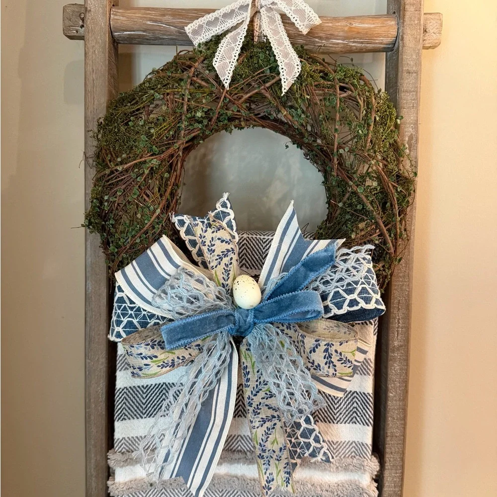 Blue Spring Grapevine Wreath with Ribbon Bow